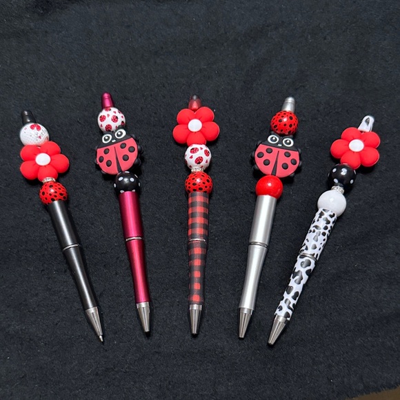 None Other - Charming Ladybug and Floral Pens Set of 5- Red, Black, and White